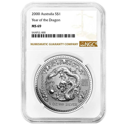 2000 S$1 Australia Year of the Dragon .999 1 oz Silver - NGC MS69 Brown Label - CoinsTV