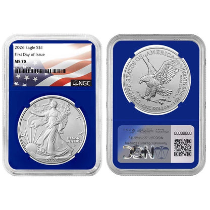 2026 Silver Eagle NGC MS70 FDI Flag Label Red/White/Blue 3pc Set