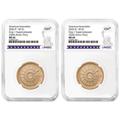 2026 P&D American Innovation Clad Dollar Wisconsin Cray 2pc Set - NGC MS66 250th Liberty Label