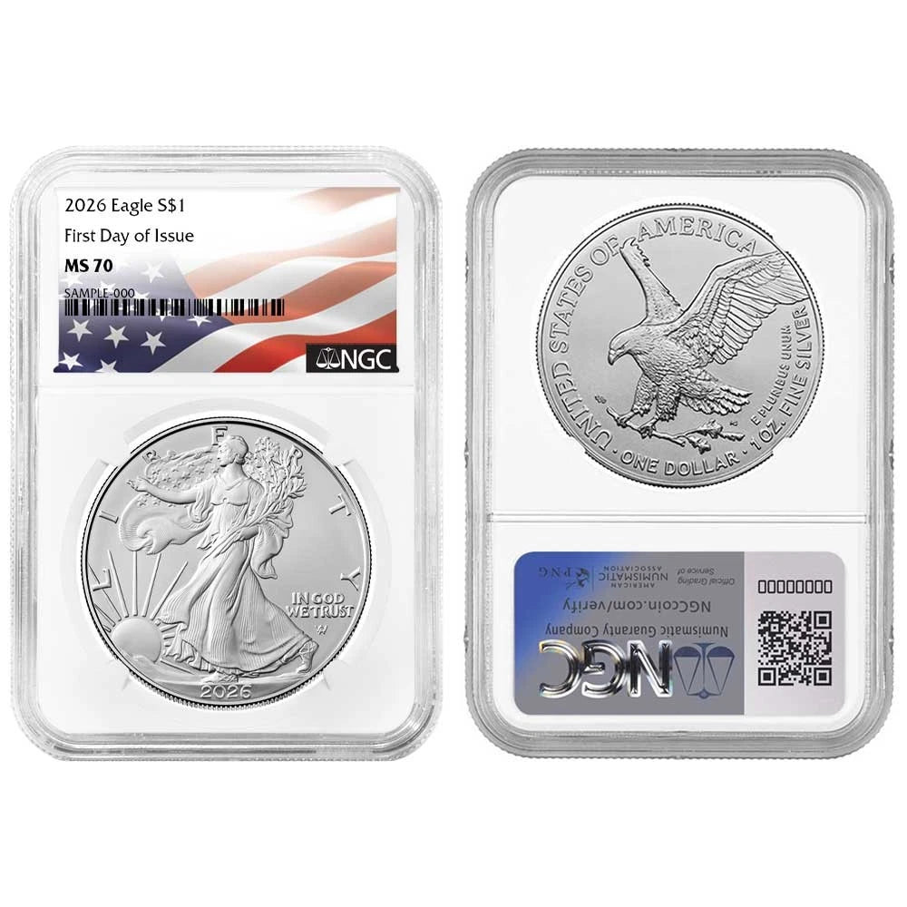 2026 Silver Eagle NGC MS70 FDI Flag Label Red/White/Blue 3pc Set