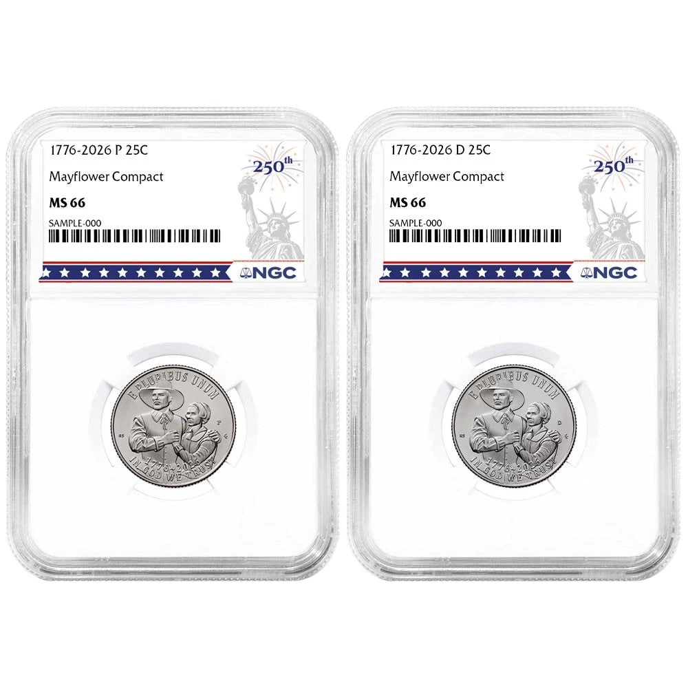 2026 P&D Semiquincentennial Quarter Mayflower Compact 2pc Set NGC MS66 250th Label - CoinsTV