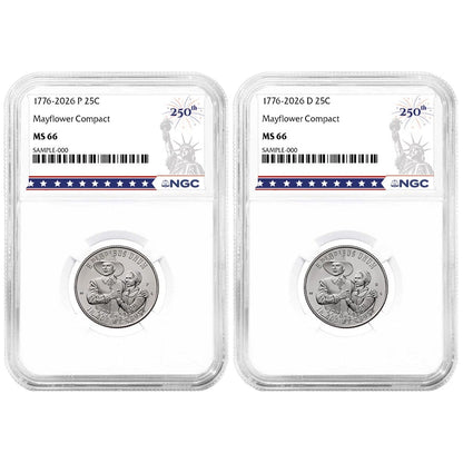 2026 P&D Semiquincentennial Quarter Mayflower Compact 2pc Set NGC MS66 250th Label - CoinsTV