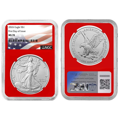 2026 Silver Eagle NGC MS70 FDI Flag Label Red/White/Blue 3pc Set