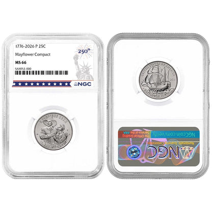 2026 P&D Semiquincentennial Quarter Mayflower Compact 2pc Set NGC MS66 250th Label - CoinsTV