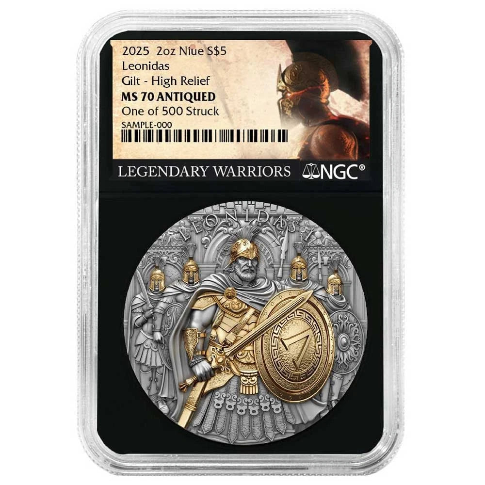 2025 Niue Leonidas Gold Gilded High Relief 2 oz Silver - NGC MS70 Antiqued - CoinsTV