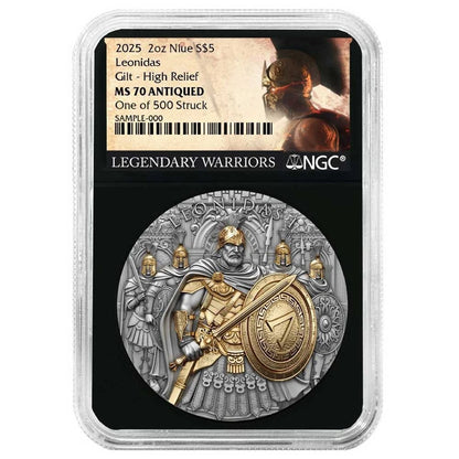 2025 Niue Leonidas Gold Gilded High Relief 2 oz Silver - NGC MS70 Antiqued - CoinsTV