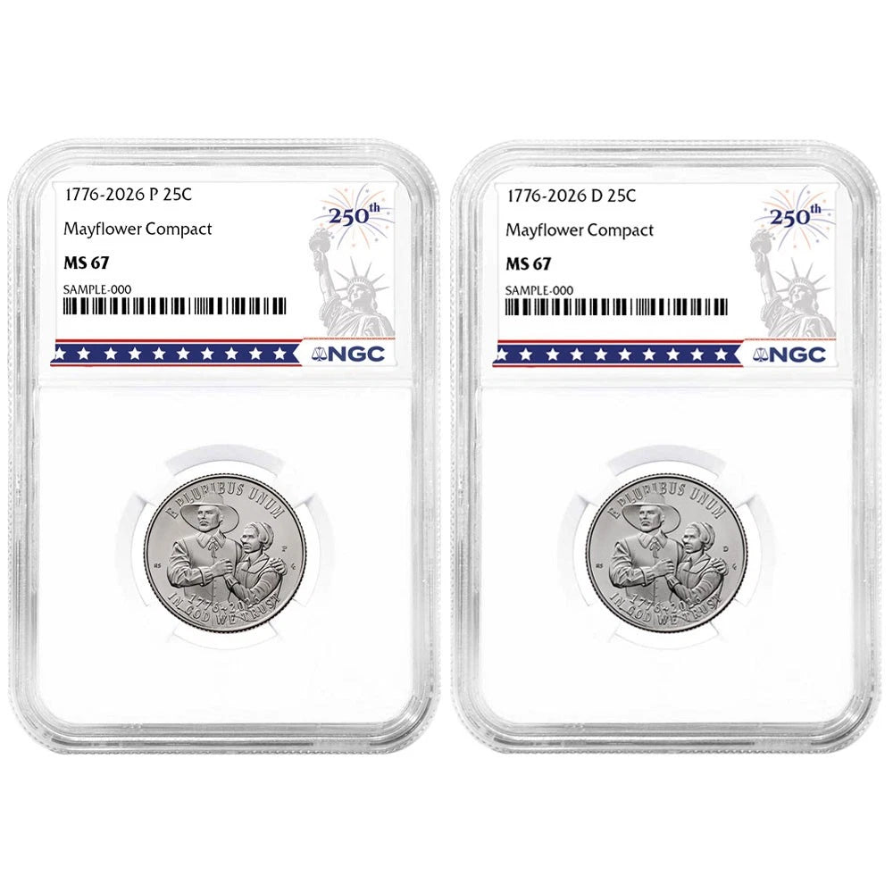 2026 P&D Semiquincentennial Quarter Mayflower Compact 2pc Set NGC MS67 250th Label - CoinsTV