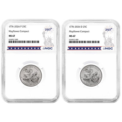 2026 P&D Semiquincentennial Quarter Mayflower Compact 2pc Set NGC MS67 250th Label - CoinsTV