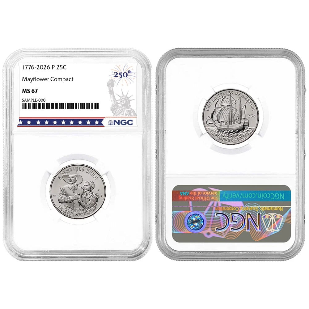 2026 P&D Semiquincentennial Quarter Mayflower Compact 2pc Set NGC MS67 250th Label - CoinsTV