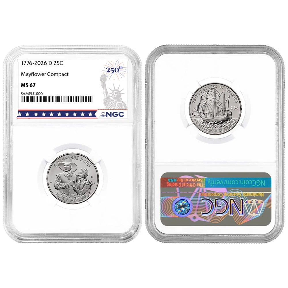 2026 P&D Semiquincentennial Quarter Mayflower Compact 2pc Set NGC MS67 250th Label - CoinsTV