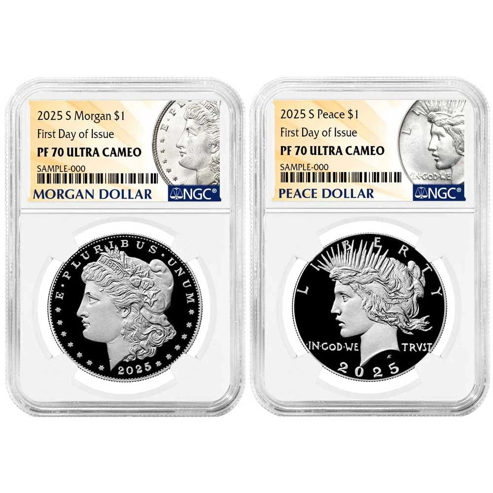 2025-S Morgan and Peace Silver Dollar 2pc Set - Morgan and Peace Label - NGC PF70UC FDI