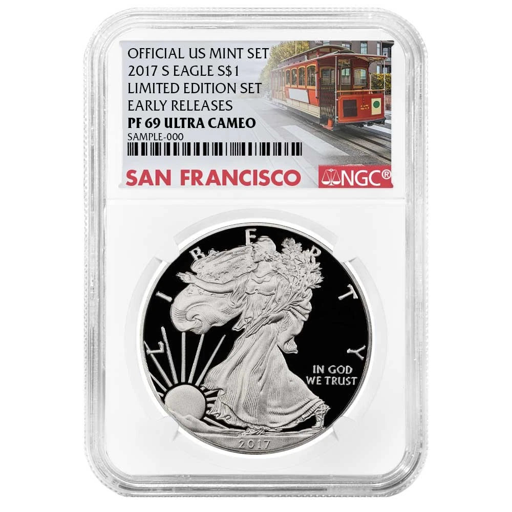 2017-S Silver Eagle Limited Edition Set - NGC PF69UC Trolley ER - CoinsTV
