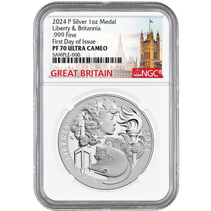2024-P Proof Liberty & Britannia Silver Medal 1 oz Silver - NGC PF70UC FDI Great Britain Label