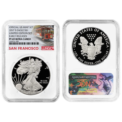 2017-S Silver Eagle Limited Edition Set - NGC PF69UC Trolley ER - CoinsTV
