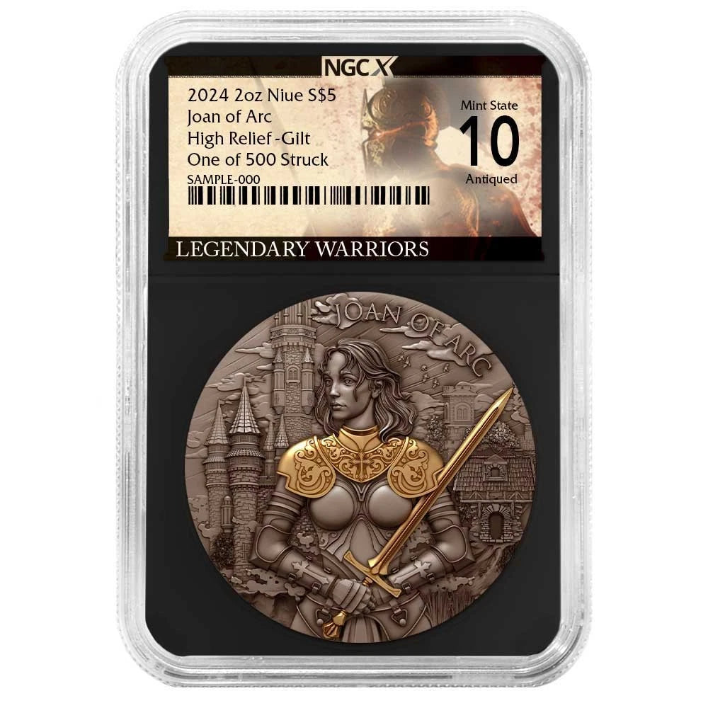 2024 Niue Legendary Warriors Joan of Arc Antiqued & Gold Gilded 2 oz HR Silver - NGCX MS10 - CoinsTV