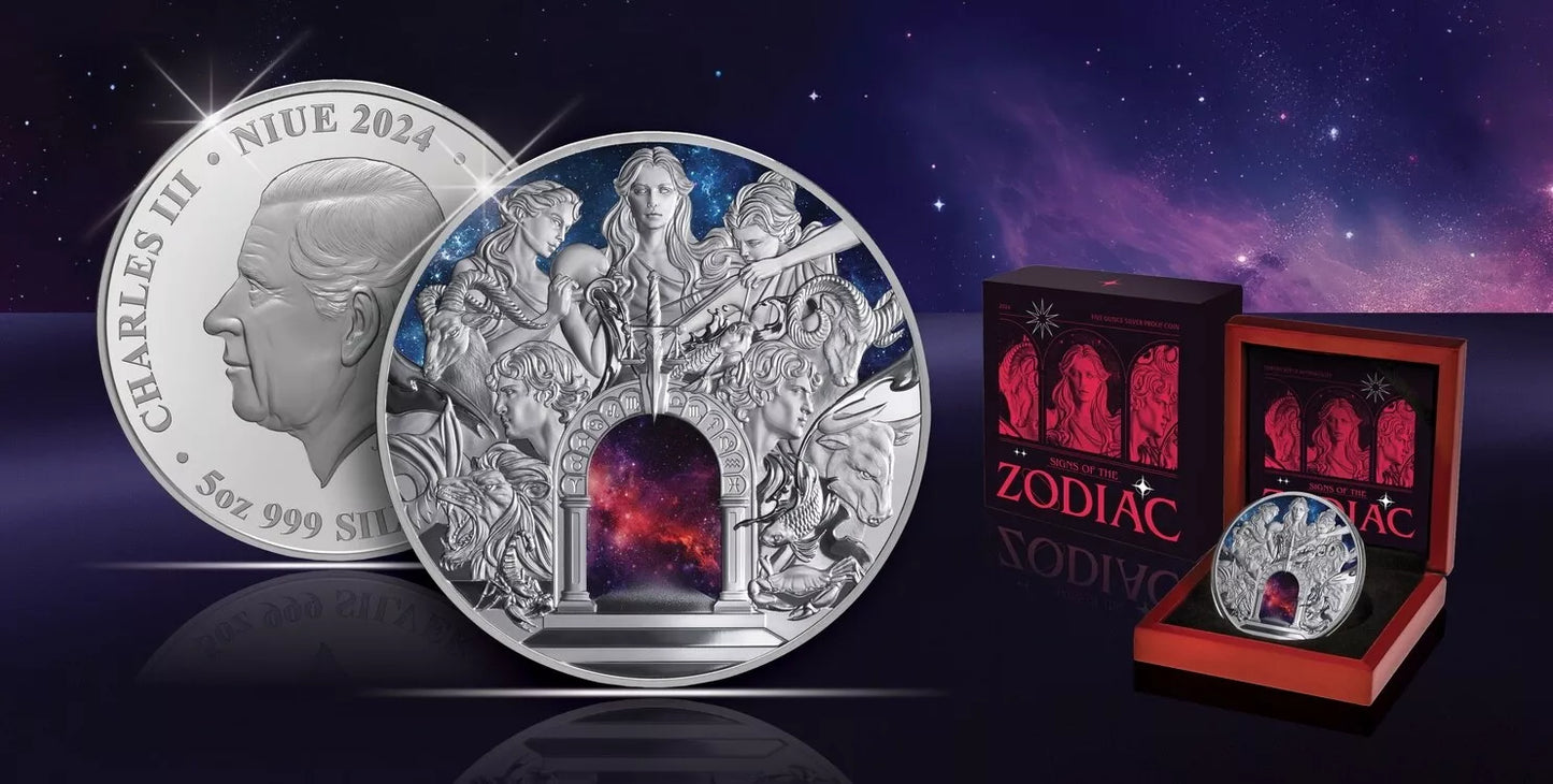 2024 $10 Niue Twelve Signs of the Roman Zodiac 5 oz Silver Proof - CoinsTV