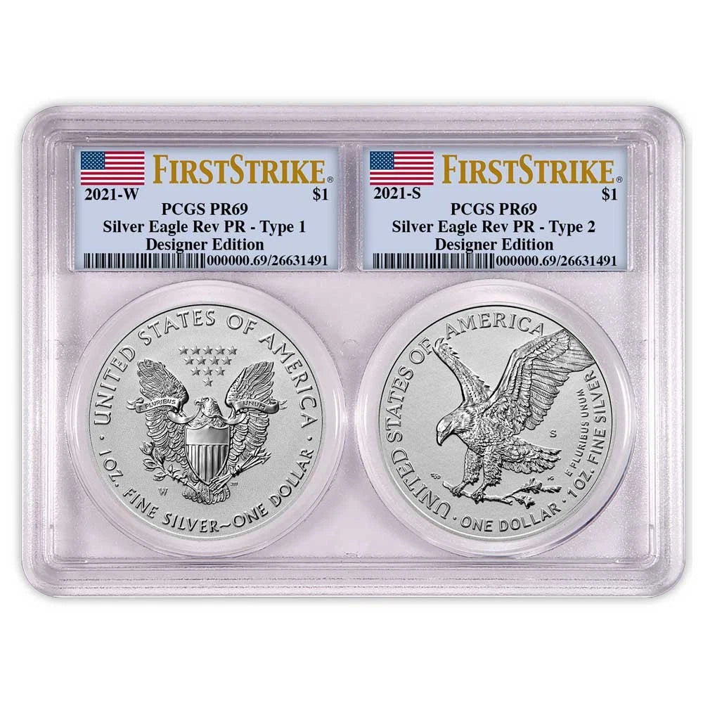 2021 Reverse Proof Silver Eagle Designer Edition 2pc Set - PCGS PR69 FS Flag Label - CoinsTV