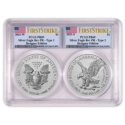 2021 Reverse Proof Silver Eagle Designer Edition 2pc Set - PCGS PR69 FS Flag Label - CoinsTV