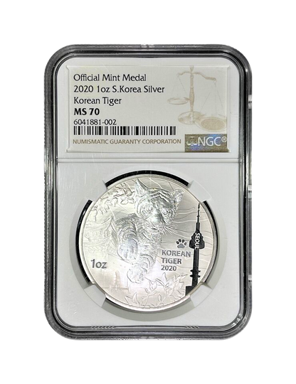 2020 1 oz South Korea Tiger Medal Silver - NGC MS70