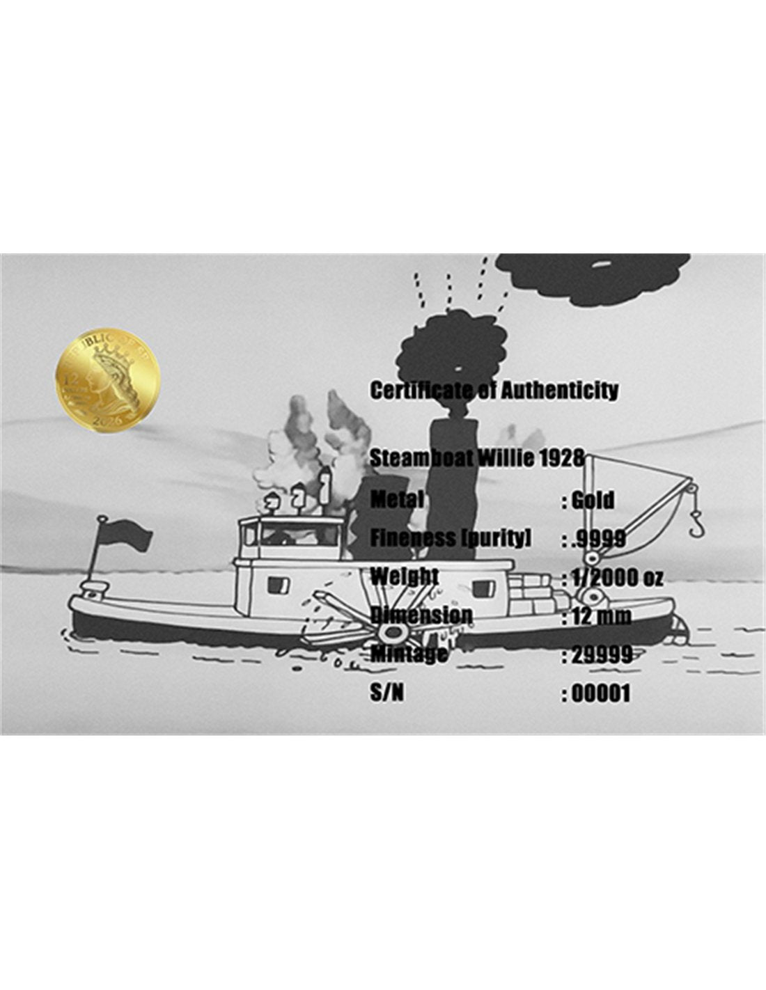 2026 Steamboat Willie 1928 1/2000 oz Gold Round in Card - CoinsTV