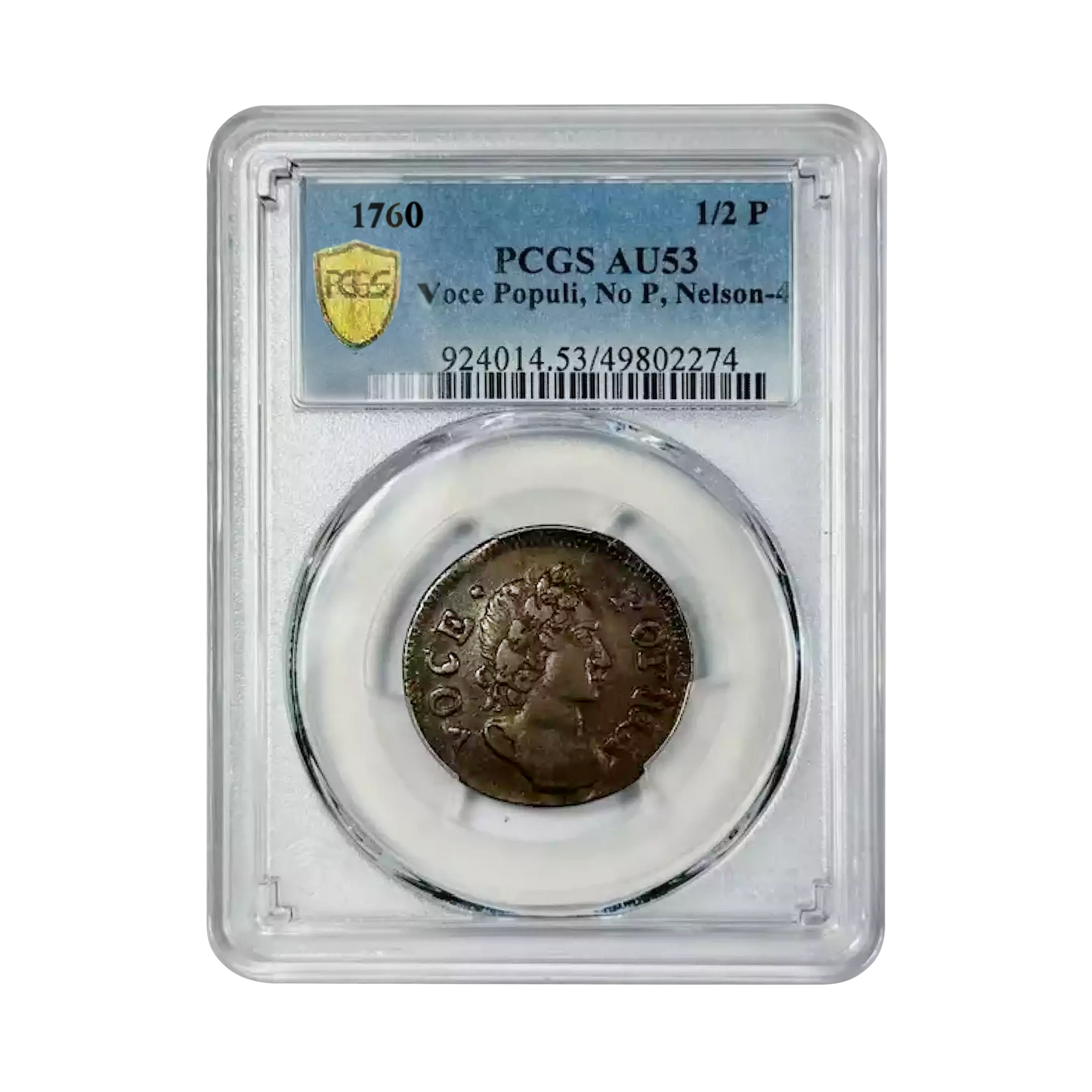 1760 Colonial Hibernia Voce Populi Half Penny - No P Nelson 4 - PCGS AU53 - CoinsTV