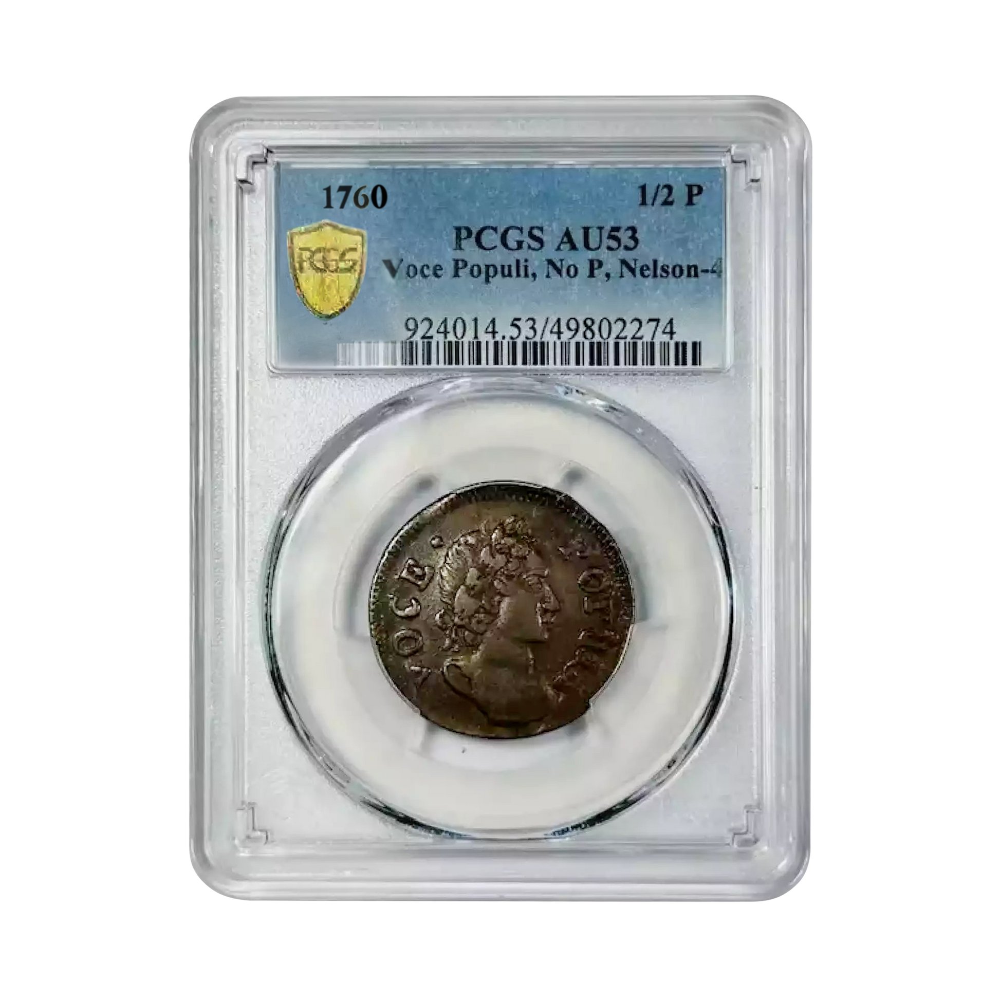 1760 Colonial Hibernia Voce Populi Half Penny - No P Nelson 4 - PCGS AU53 - CoinsTV
