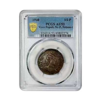 1760 Colonial Hibernia Voce Populi Half Penny - No P Nelson 4 - PCGS AU53 - CoinsTV