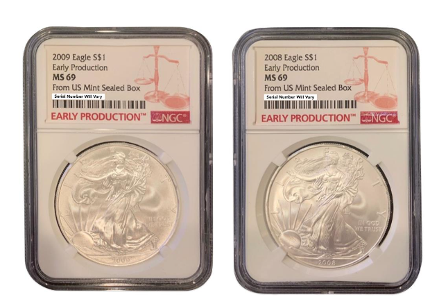 2008 & 2009 Silver Eagle 2 pc Set - Early Production - NGC MS69 US Mint Sealed Box