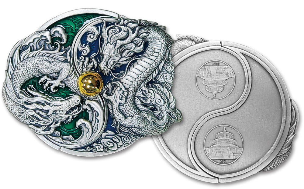 2024 China Spilt Two Dragons Enameled with Pearl 2 Piece Medal Silver Set - CoinsTV