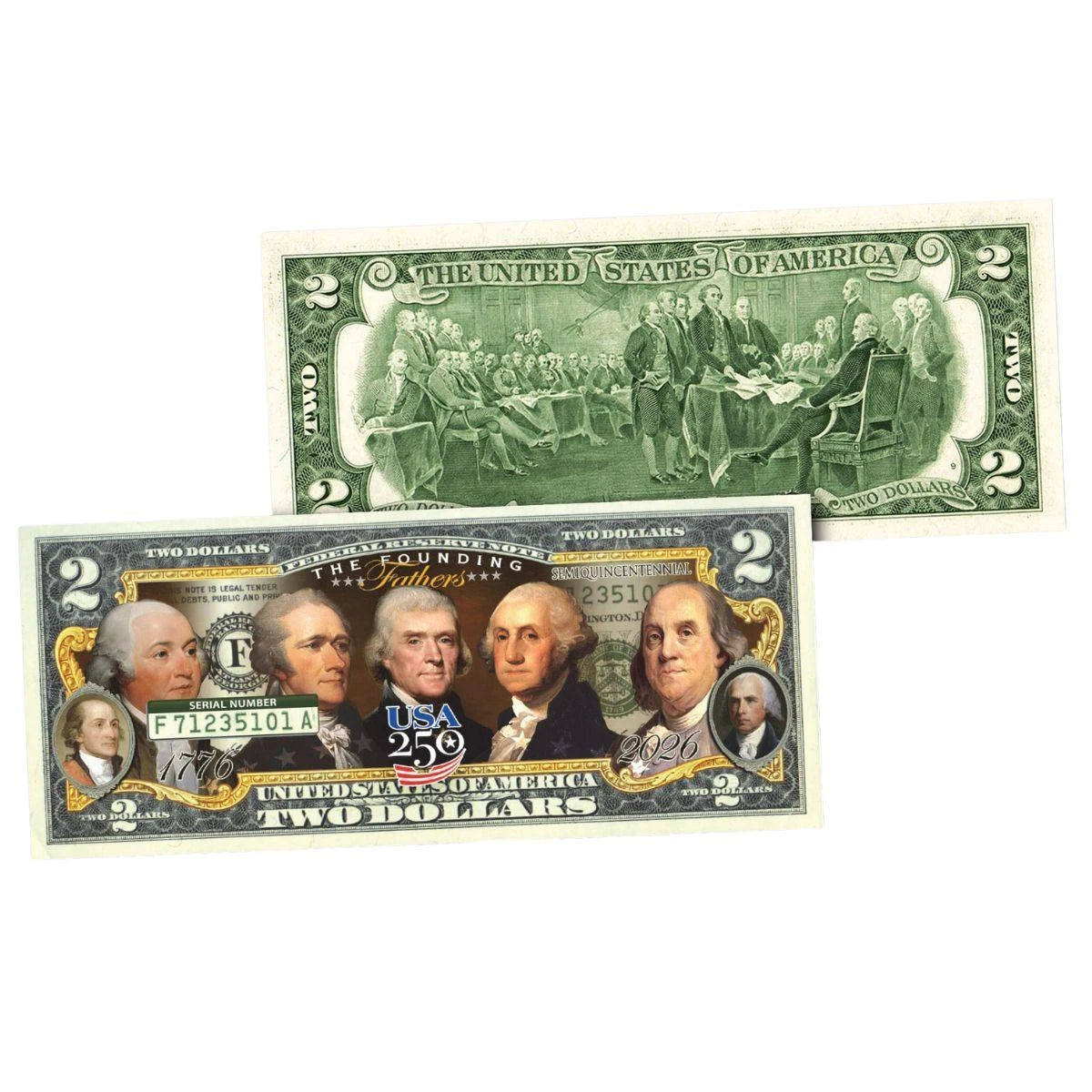 USA 250th Anniversary Founding Fathers Colorized $2 Bill 1776–2026 Semiquincentennial