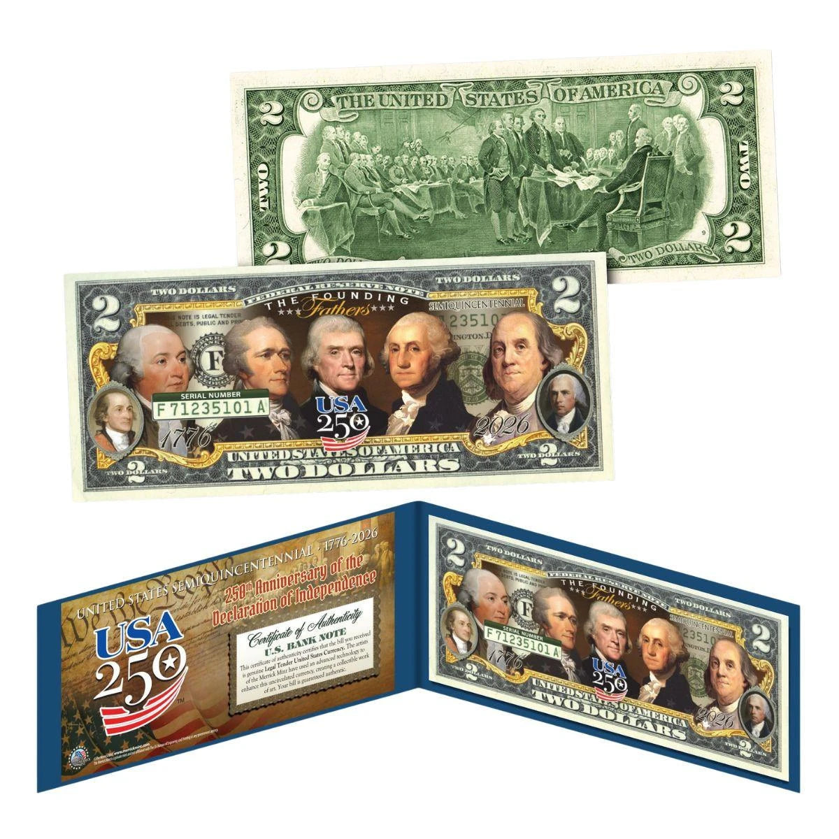 USA 250th Anniversary Founding Fathers Colorized $2 Bill 1776–2026 Semiquincentennial