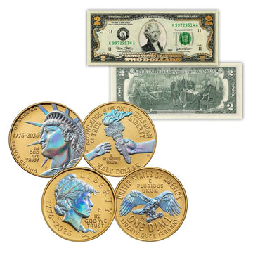 USA 250th Anniversary Gold-Plated Hologram Coins and Currency Set