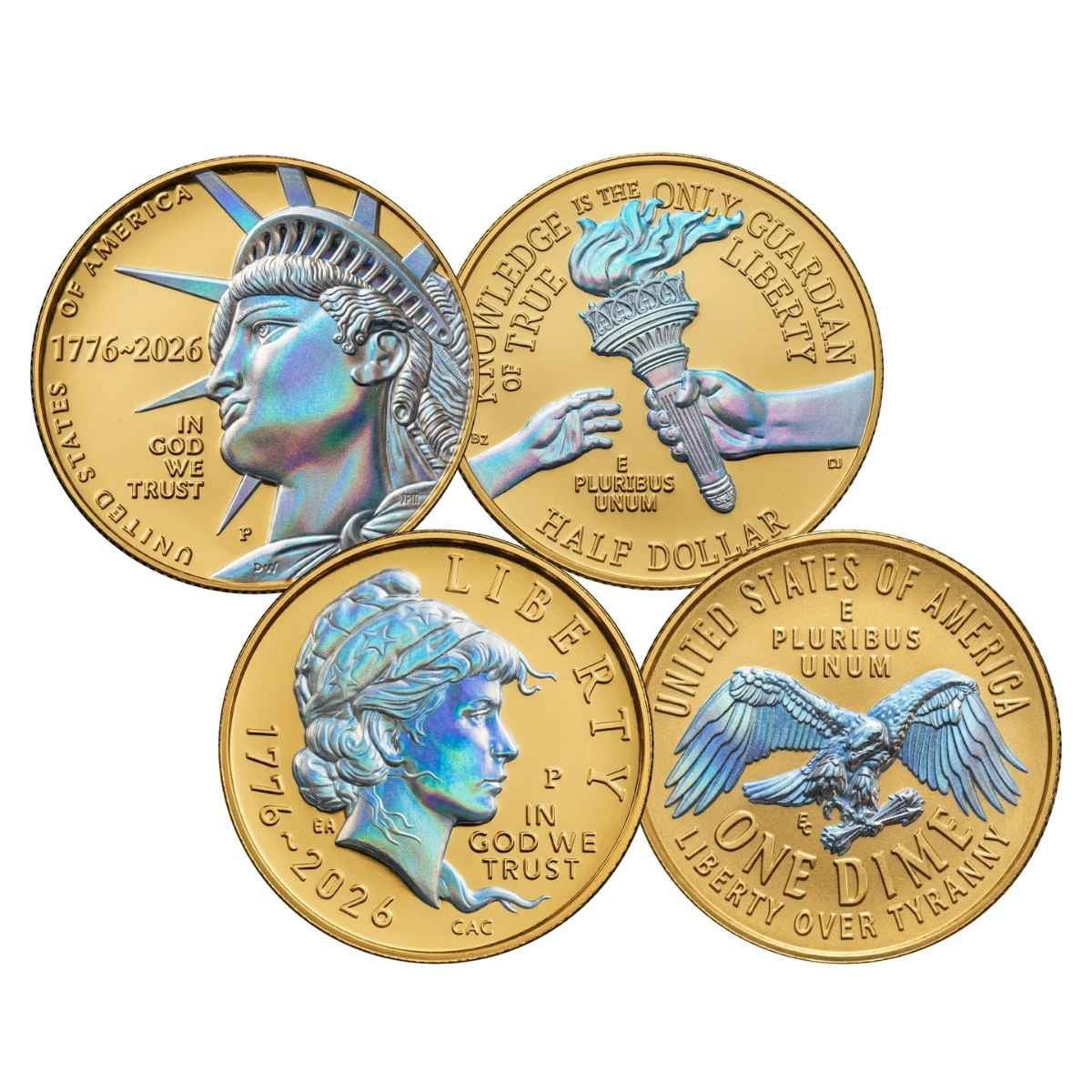 USA 250th Anniversary Gold-Plated Hologram Coins and Currency Set