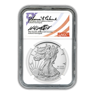 2021 W Burnished Silver Eagle - Double Signature Anna Cabral & Miles Standish Label NGC MS70