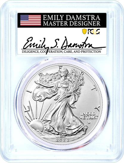 2022 Silver Eagle - West Point Burnished - PCGS SP70 - First Day of Issue - Emily Damstra Signature Label