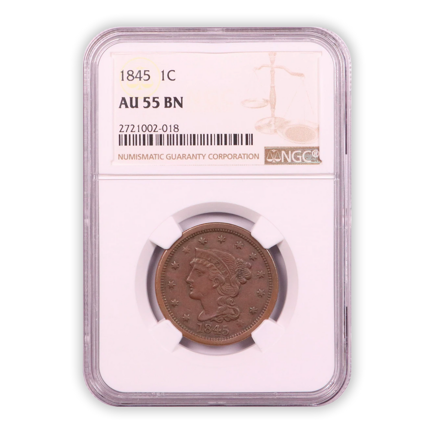 1845 Braided Hair Large Cent - NGC AU55 BN - CoinsTV