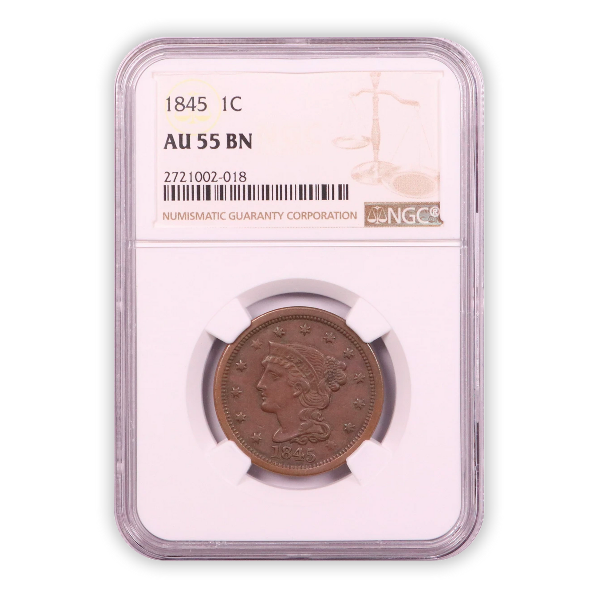 1845 Braided Hair Large Cent - NGC AU55 BN - CoinsTV