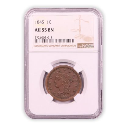 1845 Braided Hair Large Cent - NGC AU55 BN - CoinsTV
