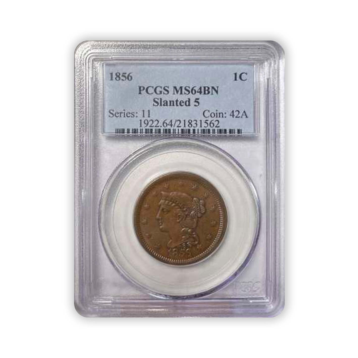 1856 Braided Hair Large Cent - Slanted 5 - PCGS MS64 BN