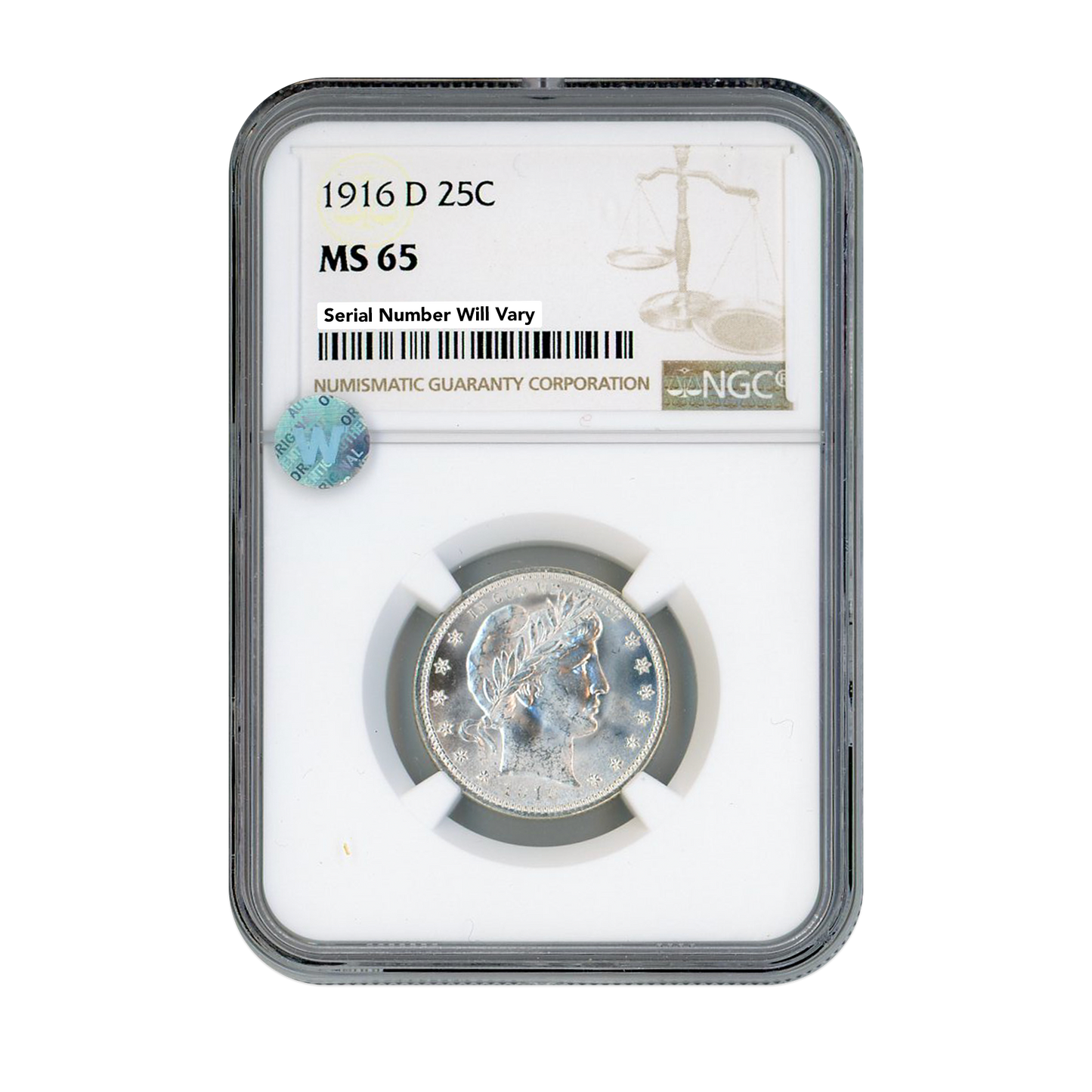 1916 D Barber Quarter Dollar Denver - NGC MS65 Sight White