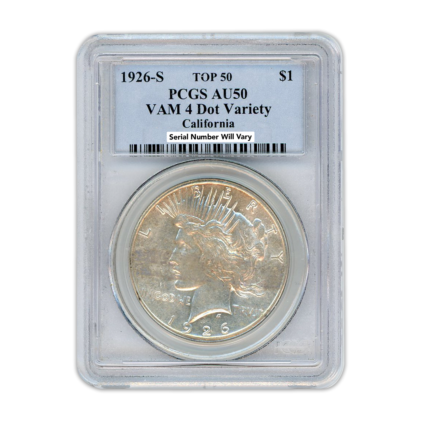 1926-S Peace Silver Dollar Philadelphia - VAM 4 Dot Variety -  PCGS AU50