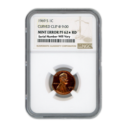 1969 S Lincoln Cent Curved Clip @ 9:00 - Mint Error NGC PF62 RD Star