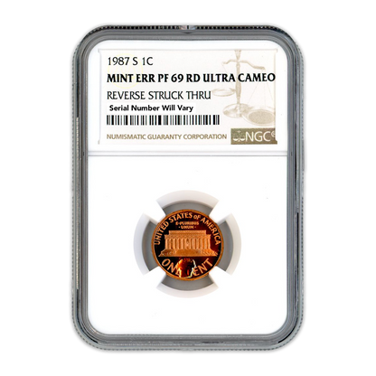 1987 S Lincoln Cent Mint Error- Struck Through Reverse NGC PF69 RD ULTRA CAMEO