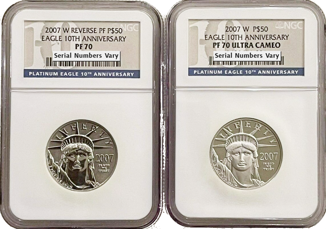 2007 $50 Platinum Eagle 10th Anniversary 2 Coin Set - NGC PF70