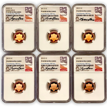 2010 - 2015 Lincoln Shield Cent 6 pc Set - NGC PF69 Lyndall Bass Signature