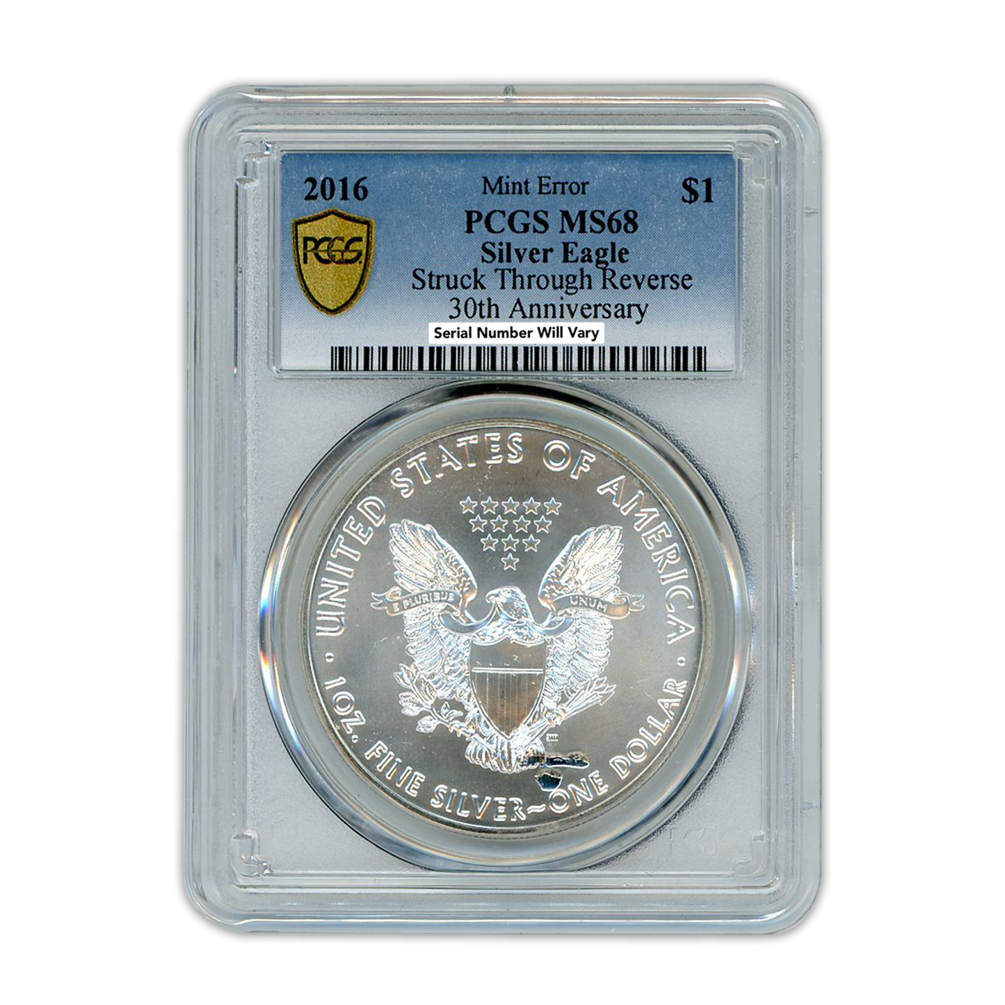 2016 Silver Eagle - Mint Error - Struck Through Reverse PCGS MS68