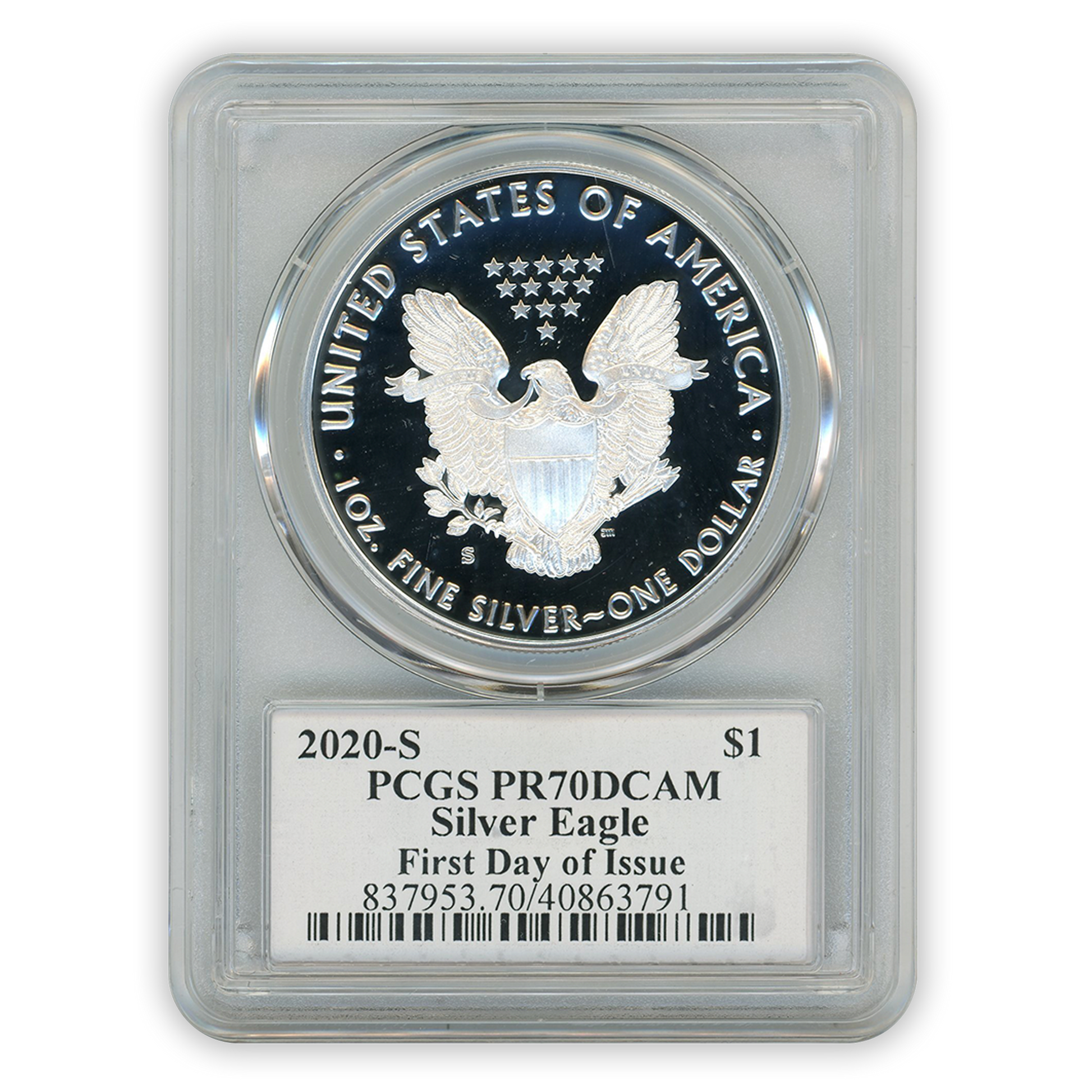 2020 S Silver Eagle San Francisco Proof - PCGS PR70 FDOI First Day of Issue - Truman Label - CoinsTV