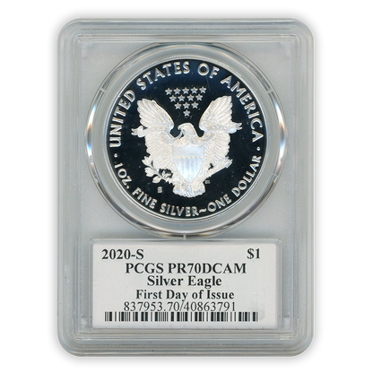 2020 S Silver Eagle San Francisco Proof - PCGS PR70 FDOI First Day of Issue - Truman Label - CoinsTV