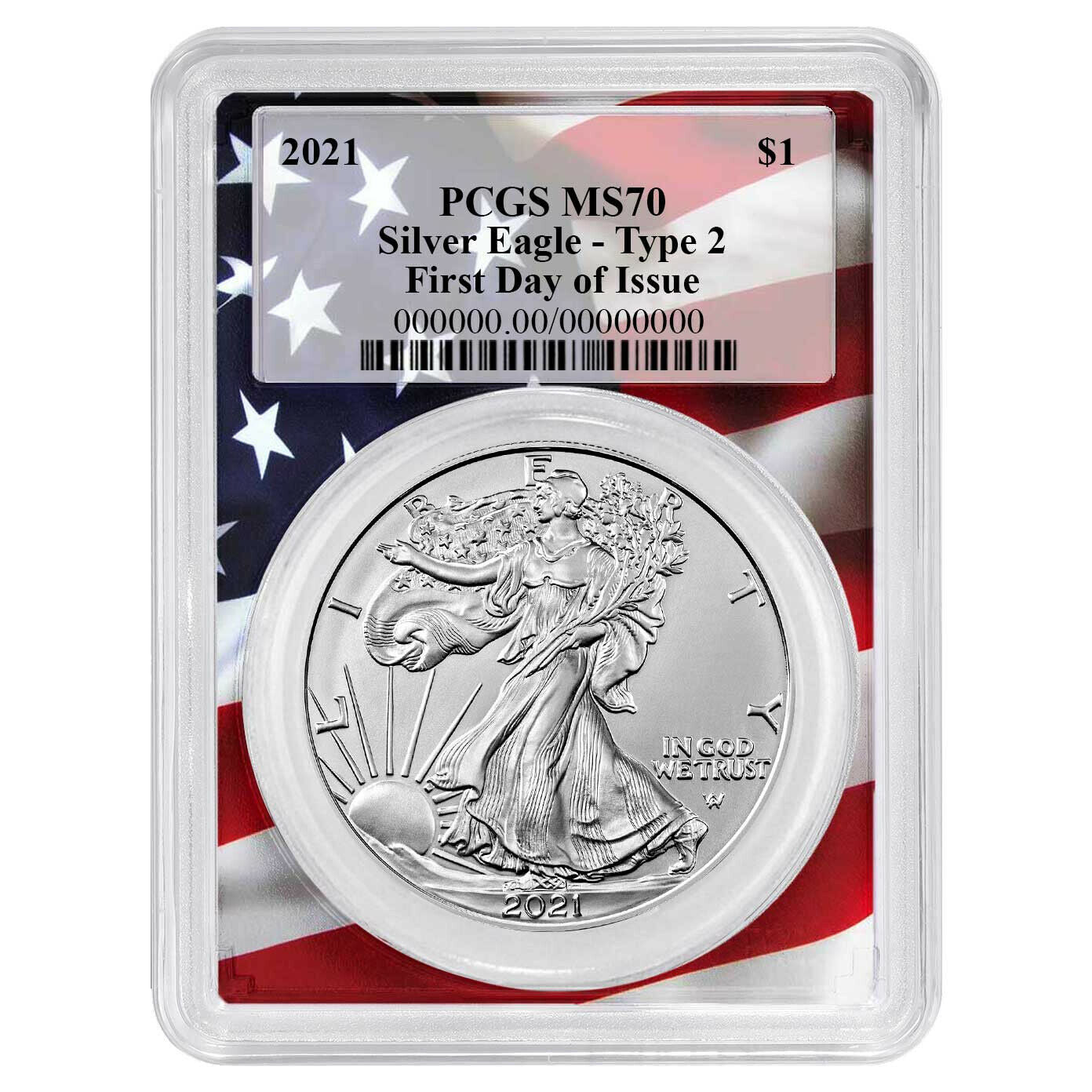 2021 Silver Eagle - Business Strike - Type 2 - PCGS MS70 FDOI First Day of Issue Flag Core