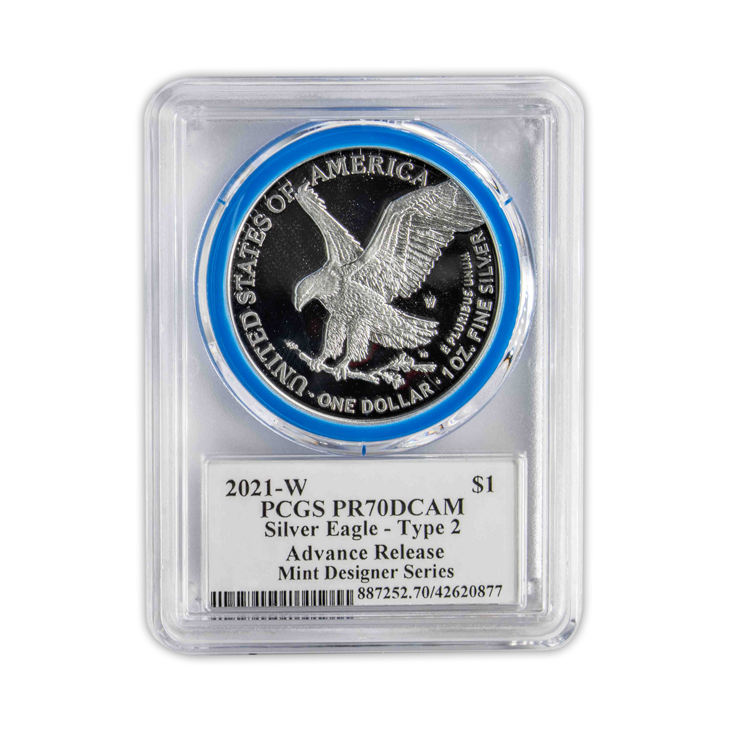 2021 Silver Eagle Type 2 Proof - PCGS PR70 AR Advanced Release - Emily Damstra Signature Label